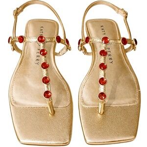 NIB Katy Perry The Camie Gemstone Sandal 5.5 Gold Red Jewels Square Toe Flat